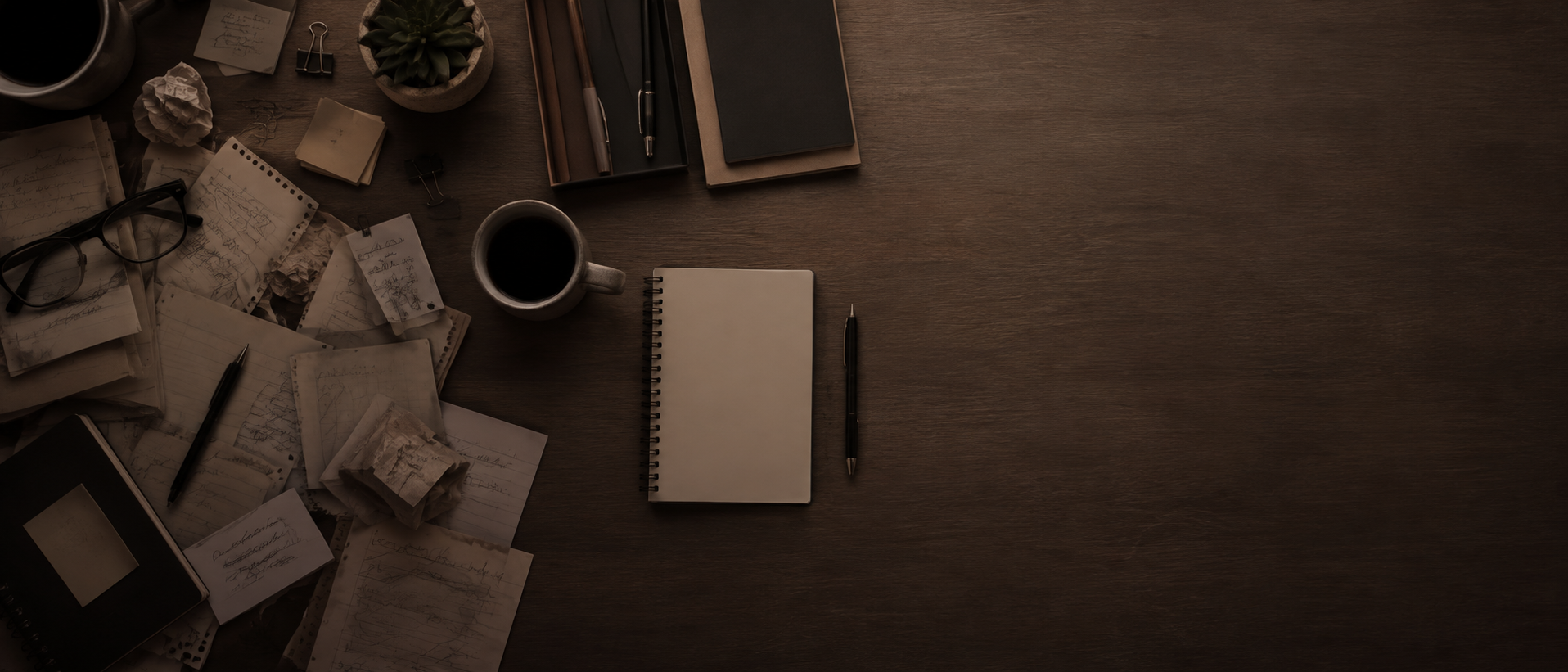 A cluttered desk covered in notebooks, loose papers and a coffee mug