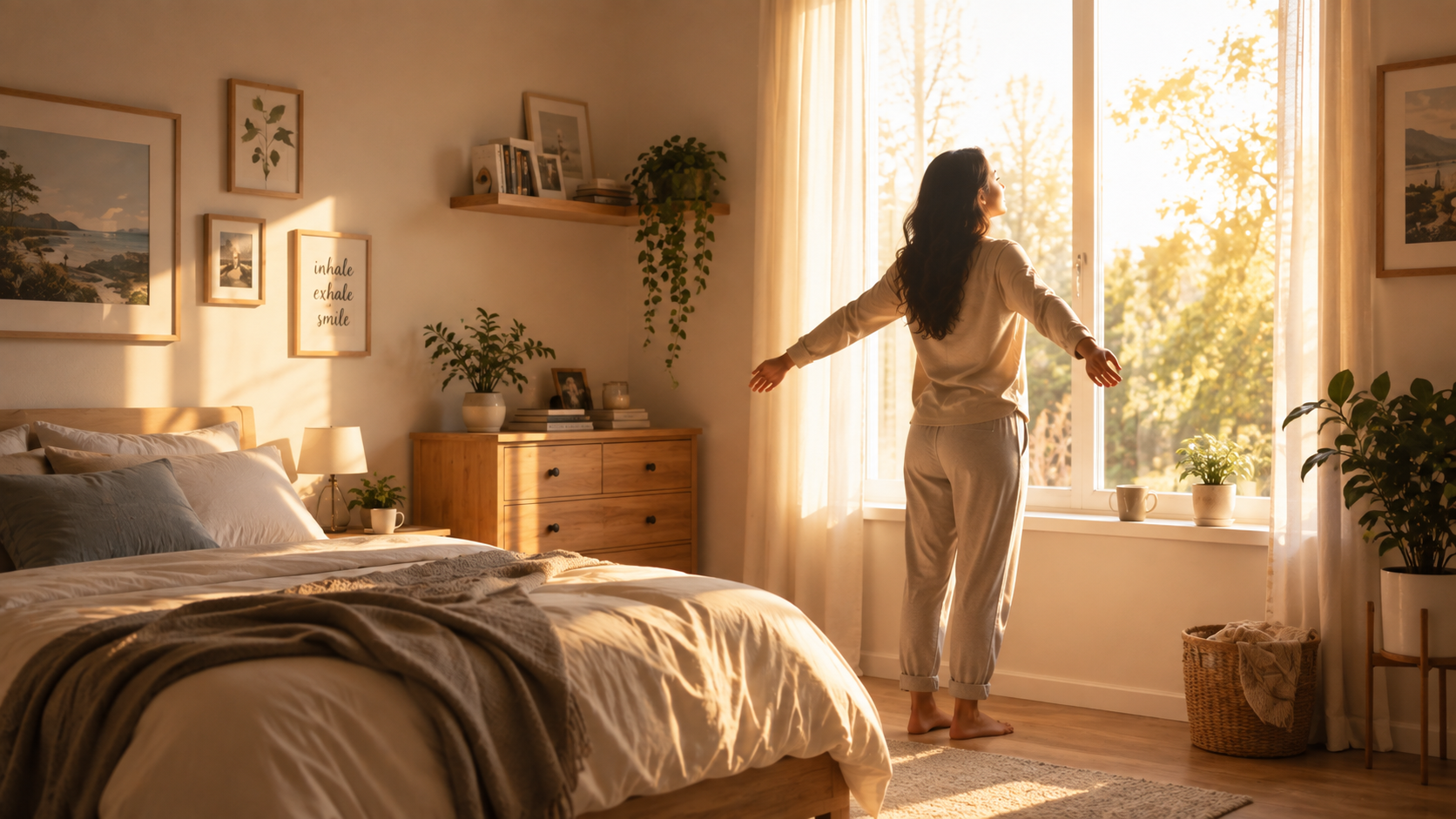 Woman greeting the morning light in a calm bedroom